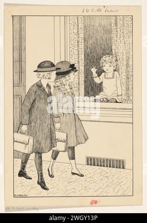 Fille dans un rebord de fenêtre, Freddie Langeler, 1909 - 1948 dessin Une fille est assise dans un rebord de fenêtre et poignarde sa main contre le verre. Deux filles qui passent dans la rue regardent l'enfant. papier. Encre de Inde (encre). fenêtre de crayon. fille (enfant entre tout-petit et jeune). rue (+ ville(-scape) avec chiffres, personnel) Banque D'Images