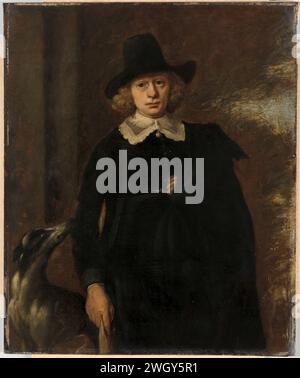 Portrait d'un homme, anonyme, 1630 - 1650 peinture Portrait d'un homme. Genou, debout, un chapeau noir sur la tête, des gants dans la main droite, la main gauche tient le manteau devant la poitrine. Sur la gauche un chien à vent gris. Cuivre (métal) du nord des pays-Bas. peinture à l'huile (peinture) personne historique anonyme représentée. chien Banque D'Images