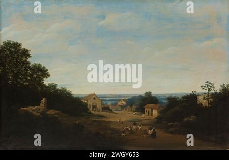 Paysage brésilien avec le village de Igaraçú. A gauche l'église de Sts Cosmas et Damian, Frans Jansz Post, 1659 peinture paysage brésilien avec le village de Igaraçú. Sur la gauche, l'église Cosmas et Damianus avec le monastère des Franciscains derrière elle. Au premier plan une maison et un groupe de personnes. panneau. village de peinture à l'huile (peinture). Église (extérieur) Brésil. Nederlands-Brazilië. Igaraçu Banque D'Images