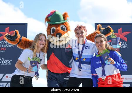 Femmes BMX Freestyle : Iveta Miculycova (CZE, médaille d'or), Kim Muller (GER, médaille d'argent), Laury Perez (FRA, médaille de bronze). Munich 2022 Banque D'Images