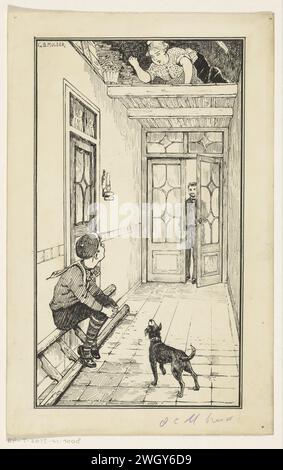 Femme fait un poing à un garçon, Gillis Bernhard Mulder, 1885 - 1938 dessin Un garçon est assis dans un couloir avec un chien à côté de lui. Les deux regardent un loft, où une femme fait un poing en colère au garçon. Au bout du couloir, un homme entre dans la porte. papier. Couloir de stylo d'encre de Inde. fait à la main dans un poing. chien Banque D'Images