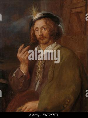 Un peintre fumant une pipe, Adriaen Brouwer (suiveur de), 1630 - 1640 peindre Un peintre, à mi-chemin, assis devant une peinture sur l'âne, une pipe fumant. panneau. peinture à l'huile (peinture) personnes historiques. portrait, autoportrait d'artiste. portrait, autoportrait de peintre Banque D'Images