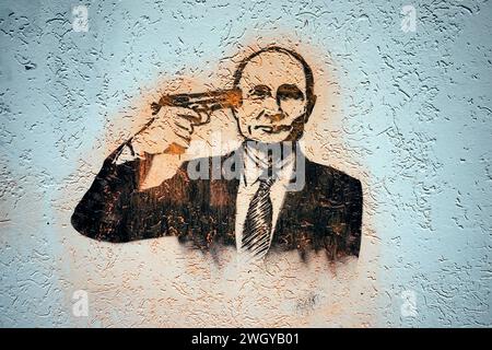 Graffity : Der russische Praesident Wladimir Putin mit einer Pistole an der Schlaefe (nur fuer redaktionelle Verwendung. Keine Werbung. Referenzdatenba Banque D'Images