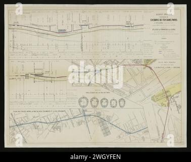 Avant-projet d'un réseau de chemins de fer dans Paris. Plans et profils en long. Plan des tracés aux abords des gares de la Bastille, de Lyon et d'Orléans ; entre la rue du Vieux-Colombier et de la Bastille, 1872 - BHVP. Banque D'Images