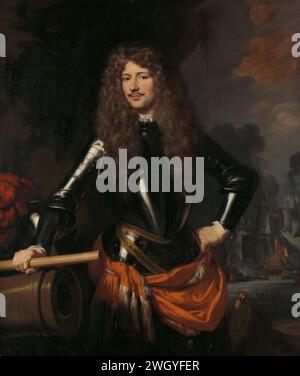 Cornelis Evertsen, lieutenant-amiral de Zeeland, Nicolaes Maes, 1680 peinture Portrait de Cornelis Evertsen, lieutenant-amiral van Zeeland. Debout en armure, à mi-chemin, avec le commandement staf penché dans la main droite contre le cours d'un canon, la main gauche sur le côté. Une bataille maritime en arrière-plan. toile. peinture à l'huile (peinture) commandant en chef, général, maréchal (+ force navale). personnes historiques. Bataille de Lowestoft. RAID sur le Medway Banque D'Images