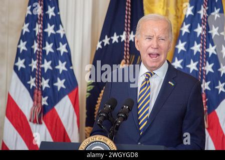Washington, États-Unis. 06th Feb, 2024. Le président des États-Unis Joe Biden prononce une allocution lors de la réception du mois de l'histoire des Noirs à la Maison Blanche à Washington, DC, le mardi 6 février 2024. Crédit : Annabelle Gordon/Pool via CNP crédit : Abaca Press/Alamy Live News Banque D'Images