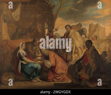 L'Adoration des Mages, Joris Fransz van Schooten, 1646 peinture le culte des rois. A gauche la sainte famille dans l'écurie, à droite les rois avec leur entourage. Joseph tient l'enfant Christ tandis que le premier roi embrasse la main de l'enfant, Marie a reçu le don. Derrière Maria un chien endormi et un bœuf. toile. Peinture à l'huile (peinture) adoration des rois : les Sages présentent leurs dons au Christ-enfant (or, encens et myrrhe) Banque D'Images