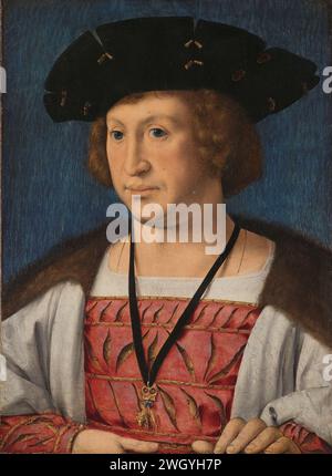 Floris van Egmond (1469-1539), comte de Buren et Leerdam, Jan Gossart, v. 1519 peinture Portrait de Floris van Egmond, comte van Buren et Leerdam. Buste avec un chapeau noir sur la tête et l'ordre de la Toison d'or autour du cou. Wijk Bij Duurstede panel. Peinture à l'huile (peinture) personnes historiques voisins. Leerdam Banque D'Images