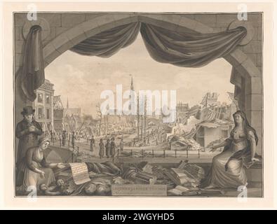 Leidens Tooons un théâtre de pitié, 1807 dessin vue du Steenchuur, un canal dans le prolongement de Rapenburg, Leyde, après la catastrophe de la poudre du 12 janvier 1807. . Brosse pour plomb. Rapenburg. Hangar Banque D'Images