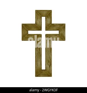 Croix chrétienne en bois.clipart aquarelle.minimalisme simple.le symbole catholique ou orthodoxe peint à la main pour la première communauté, le baptême et Pâques Banque D'Images