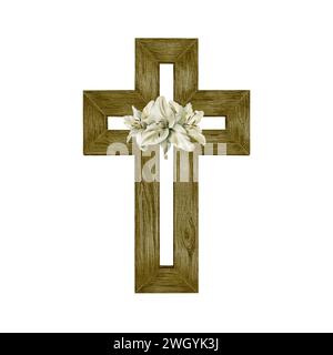 Croix chrétienne en bois avec des lis.clipart aquarelle.minimalisme simple.le symbole catholique ou orthodoxe peint à la main pour la première communauté, le baptême Banque D'Images