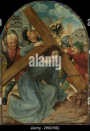 Christ portant la croix, Quinten Massijs (I), c. 1510 - c. 1515 peignant la croix -support. Christ porte à moitié agenouillé la croix sur ses épaules. Les soldats souriants à gauche et à droite tirent sur une corde qui est liée à la taille du Christ. Derrière le Christ, un Herraut souffle sur une trompette avec une bannière avec un aigle à double tête. Golgotha juste au loin. Panneau Anvers. Peinture à l'huile (peinture) portant la croix : Christ portant la croix, seul ou avec l'aide d'autrui (par exemple Simon le Cyrénien) Banque D'Images