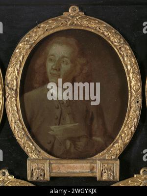 Portrait d'Abraham Haen le jeune, dessinateur, graveur et poète à Amsterdam, Jan Maurits Quinkhard, 1732 - 1771 peinture Portrait d'Abraham de Haen (1707-48). Dessinateur, graveur et poète à Amsterdam. Buste à Ovaal, a tourné la tête vers la gauche. Une feuille de papier pliée dans la main gauche. Peut-être à une estampe de C.F. Fritzsch. Fait partie d'une collection de portraits de poètes hollandais. peinture à l'huile (peinture) portrait d'un écrivain. écrivain, poète, auteur. portrait, autoportrait d'artiste Banque D'Images