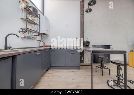 Petite cuisine avec des meubles gris dans une maison de style loft avec de hauts plafonds, décoration de style industriel, murs peints en blanc lisse et bois clair f Banque D'Images