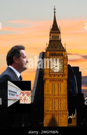 Piers Morgan célèbre journaliste et diffuseur. Image de profil avec des images de la ville de Londres et Big Ben, Westminster. Aussi image du panneau Downing Street et des billets de 50 livres. Ciel crépusculaire. Recherchez Russell Moore portfolio page pour plus d'images et de peintures. Banque D'Images