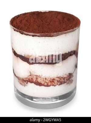 Délicieux tiramisu en verre isolé sur blanc Banque D'Images