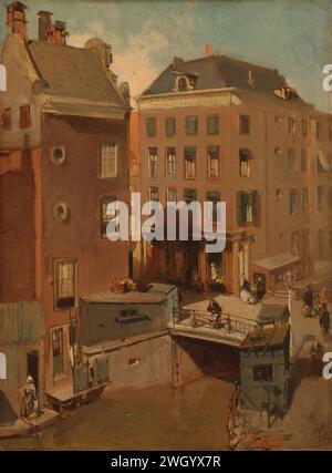 L'Osjessluis près de Kalverstraat à Amsterdam, Charles Rochussen, 1855 peinture de paysage urbain avec les maisons sur le côté nord de l'Osjesluis où le Spui traverse Kalverstraat, à Amsterdam. Plusieurs personnes marchent dans la rue. En bas à gauche de l'eau se trouve une femme. panneau. Peinture à l'huile (peinture) voie publique OSJESSLOUS Banque D'Images