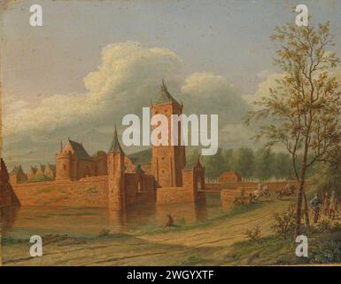 Château de Batestein près de Vianen, Jan Jacob Teyler van Hall, 1840 peinture vue de la fente de Batestein près de Vianen, avec la tour carrée appelée « Paul ». Un fossé autour du château. Il y a deux coureurs au Slotbrug. Sur la droite le long de la route se trouvent quelques soldats. panneau. Peinture à l'huile (peinture) château Batestein Château Banque D'Images