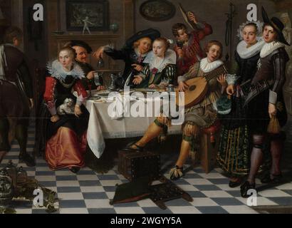 Merry Company, Isack Elyas, 1629 Painting Party célébrant la compagnie. Intérieur avec une fête célébrant, buvant et faisant de la musique entreprise autour d'une table. Sur la gauche se trouve une femme avec un chien sur les genoux, aussi un vieil homme avec une chanson ou un poème à la main. Au milieu, il y en a quelques-uns, dont le jeune homme tient un verre vide à l'envers, un homme qui joue du luth devant. A droite, un homme et une femme. Au premier plan une chaise tombée, sur la table une tarte cassée, un bol avec des baies, une cruche, des assiettes et des verres. Il y a deux peintures sur le mur. panneau. banquet de peinture à l'huile (peinture) d'elegan Banque D'Images