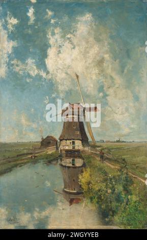 Un moulin à vent sur une voie navigable Polder, connu sous le nom de «au mois de juillet», Paul Joseph Constantin Gabriël, c. 1889 peinture présentation d'un moulin à vent sur une Poldervaart en été. Le moulin se reflète dans l'eau. A droite un homme marche sur la route du moulin, une maison à gauche. peinture à l'huile (peinture). toile peinture moulin à vent dans le paysage. canal. Paysage symbolisant juillet. moulin a vent Banque D'Images