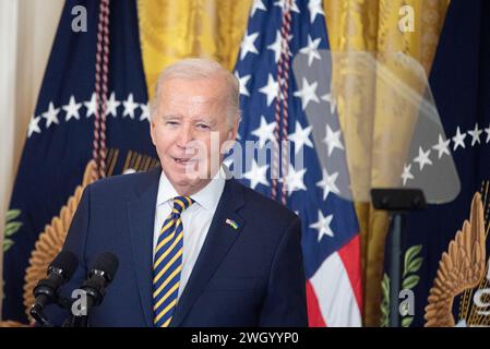 Washington, États-Unis. 06th Feb, 2024. Le président des États-Unis Joe Biden prononce une allocution lors de la réception du mois de l'histoire des Noirs à la Maison Blanche à Washington, DC, le mardi 6 février 2024. Photo de Annabelle Gordon/UPI crédit : UPI/Alamy Live News Banque D'Images