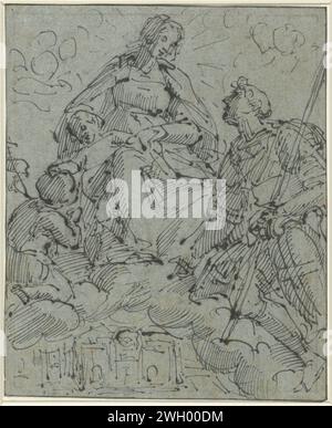 Madonna adorée par Saint Joris, Giovanni Battista Paggi, 1564 - 1627 dessin Madonna est sur les nuages. papier. Stylo à encre le martyr guerrier George (Georgius) ; attributs possibles : bannière (croix rouge sur fond blanc), croix (rouge), dragon, cheval (blanc), lance cassée, bouclier (avec croix), épée Banque D'Images