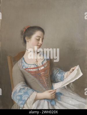 La nièce de l’artiste, Marianne Lavergne, dite la liseuse, Jean-Etienne Liotard, 1746 dessin Portrait de Mlle Lavergne, nièce de l’artiste, dite la lisuse. Jeune femme, à mi-chemin, assise sur une chaise, lisant une lettre qu'elle tient devant elle. Fait partie de la collection pastels. lecture de parchemin (matériel animal). collier (+ vêtements femmes). Vêtements pour la partie supérieure du corps (avec NOM) (+ vêtements pour femmes). manches (+ vêtements femmes). Personnes historiques - BB - femme Banque D'Images