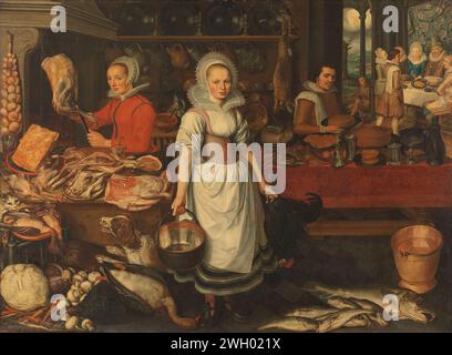 Scène de cuisine avec la parabole de l'homme riche et pauvre Lazare, Pieter Cornelisz. Van Rijck (attribué à), 1610 - 1620 peinture intérieur de cuisine avec la parabole de l'homme riche et le pauvre Lazare. Deux filles de cuisine préparent un festin dans une cuisine. Sur la gauche, une fille enfile un morceau de viande sur la broche, l'autre fille a une chaudière en cuivre dans une main et un coq mort dans l'autre. Vous y trouverez des morceaux de viande, des légumes (charbon, navets et carottes), de la volaille, un lièvre mort et du poisson. Un chien aboie sur un chat entre la nourriture. Sur la droite une table avec des tartes, du fromage, du pain, des tasses en argent et des boissons s. Banque D'Images