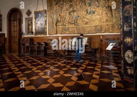 BUENOS AIRES, ARGENTINE, 30 JANVIER 2021 : jeune homme regardant l'antiphaire antique au Musée vide d'art décoratif Banque D'Images