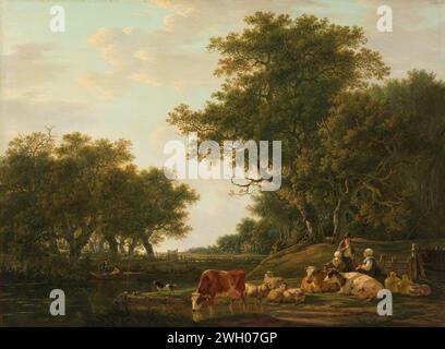Paysage avec des paysans avec leur bétail et pêcheurs sur l'eau, Jacob van Strij, 1800 - 1810 peinture paysage avec un berger qui a une conversation avec deux filles de lait, les vaches et les moutons sont sur les rives d'un lac. Sur la droite à une clôture se trouvent des canettes de lait et des seaux. Sur la gauche deux hommes avec des tiges dans un bateau à rames. Hauts arbres en arrière-plan. La peinture est également connue sous le nom de « la volonté de Van Strij ». panneau. peinture à l'huile (peinture) éleveur, berger, berger, berger, berger, vacher, etc. serveuse à lait. bovins. pêche à la ligne Banque D'Images