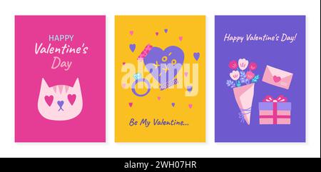 Ensemble de cartes de Saint-Valentin avec éléments romantiques. Dessins animés modèles d'affiches de Saint-Valentin pour la célébration. Dessins abstraits carte postale. Happy Valentines Day bannière amour félicitations illustration vectorielle Illustration de Vecteur