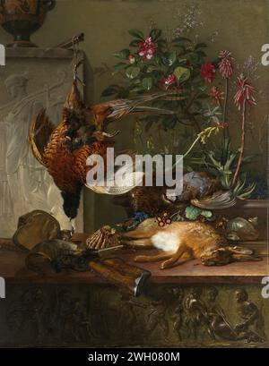 Nature morte avec gibier et stèle grecque : allégorie de l'automne, Georgius Jacobus Johannes van OS, 1818 peinture nature morte avec chasse : stèle grecque : allégorie de l'automne. Sur le socle en marbre, il y a un fusil de chasse, un cor de chasse, un lièvre mort et des attributs de la chasse. Derrière elle une coquille, différentes plantes et fleurs et oiseaux morts, dont deux faisans. Sur la gauche un relief avec une chasse. Au fond un bronze frison avec un relief de putti de chasse. toile. trophées de chasse à la peinture à l'huile. Automne, automne, 'Autumnus' ; 'Autunno' (Ripa) Banque D'Images