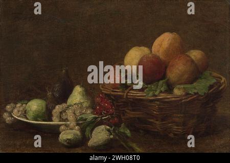Nature morte avec des fruits, Henri Fantin-Latour, c. 1880 - c. 1890 peinture nature morte avec des fruits. Plat blanc avec des raisins et une poire, à droite un panier avec des pommes et autres fruits. toile. peinture à l'huile (peinture) fruits. natures mortes des objets associés. légumes et fruits ; nature morte des légumes et des fruits Banque D'Images