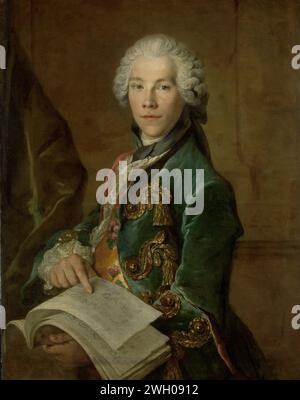 Portrait d'Arnoldus van Rijneveld, Louis Tocqué, v. 1738 peinture Portrait d'Arnoldus van Rijneveld (1715-98), bijoutier, frère d'Isaac van Rijneveld. Debout, à mi-chemin, avec un livre de musique à la main. Pendentif de SK-A-3904. toile. peinture à l'huile (peinture) personnes historiques. bijoutier, orfèvre, orfèvre Banque D'Images