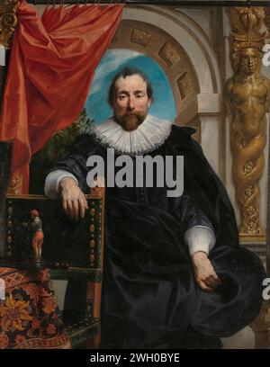 Portraits de Rogier le Witer et de son épouse Catharina Beaghel, Jacques Jordaens, 1635 peinture Portrait de Rogier le Witer (1591-1678). Koopman à Anvers. Rogier le Witer, 44 ans, est représenté tête baissée jusqu'aux genoux, dans un costume noir, avec un large col en dentelle et drapé autour de lui avec sa cape. Dans sa main gauche, il tient un chapeau, tandis que sa main droite repose sur le bord d'une chaise. Sur la table avec un tapis floral, à sa droite, se trouve une échelle de collection avec une statue d'un homme fasciné avec l'inscription (a) Elemos (e), et la date 1623 ; la date se réfère à la nomination de le Witer à Great-A. Banque D'Images