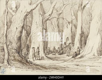 Rencontre d'Américains originaux dans une forêt, Gustave Doré, 1842 - 1883 dessin rencontre d'Américains originaux dans une haute forêt. Quelques-uns assis sur le sol en demi-cercle. papier. Stylo à encre peuples autochtones d'Amérique du Nord. forêt, bois Banque D'Images