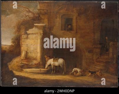 Retour du fauconnier, Simon de Vlieger, 1637 peignant le retour du fauconnier. Devant une maison, un cheval boit dans un bol d'eau à côté de quelques chiens de chasse de combat. Un homme avec un faucon à la main regarde dehors par une fenêtre. panneau. la peinture à l'huile (peinture) revient de la chasse. oiseaux prédateurs : faucon. cheval Banque D'Images