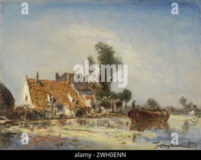 Maisons sur Une voie navigable près de Crooswijk, Johan Barthold Jongkind, 1874 maisons de peinture sur une vitesse à Crooswijk. Sur la gauche sur le Vaart il y a quelques maisons près des arbres, une barge navigue sur l'eau. toile. Peinture à l'huile (peinture) cours d'eau (+ paysage avec des figures, personnel) Crooswijk Banque D'Images