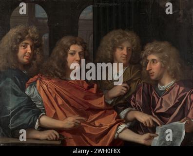 Portrait de groupe de quatre artistes, monogrammiste GF (peintre), v. 1680 peinture. Cadre le portrait de groupe montre les bustes de quatre hommes aux cheveux longs (perruques) qui sont vêtus de robes antiques. L'homme à l'extrême droite tient un dessin sur lequel Chronos est représenté comme personnification de l'époque que Kortwiek ailes de Cupido Kortwiek. Sur le fond droit du dessin, qui avec les lettres G.F. a été signé, un pilier avec sablier est représenté comme un signe de transit. Le dessin est en partie tenu par la deuxième personne à partir de la gauche, avec le manteau rouge, qui tient un porte-craie dans son autre main Banque D'Images