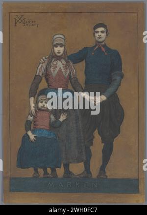 La Sainte famille, Marken, Xavier Mellery, v. 1889 dessin d'Un couple sur Marken avec leur fille à gauche, représenté frontalement en costume traditionnel en rouge, blanc, bleu et noir. Les époux ont la main gauche l'un de l'autre, la main droite repose sur son épaule ; la main droite de la femme repose sur l'épaule de la fille. Les figures sont délimitées avec des contours puissants et placées sur un fond doré. La craie du sol. peinture (revêtement). brosse à carton Banque D'Images