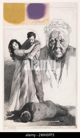 Groupe design pour : Louis Couperus, des personnes âgées, les choses qui passent, Anonyme, c. 1906 - c. 1970 dessin la jeune Ottilie Dercksz émet son amant Emile Takma. Le couple regarde le sol, où le général Dercksz, le mari d'Ottilie, est mort au sol à côté d'un couteau. En arrière-plan le portrait de la vieille Ottilie avec un chapeau en dentelle sur la tête. Deux échantillons de couleur sont ajoutés à la conception. papier. Encre de Inde (encre). peinture (revêtement). stylo crayon / pinceau / snipping (amoureux) embrassant l'un l'autre, 'symplegma'. meurtre. vieille femme Banque D'Images