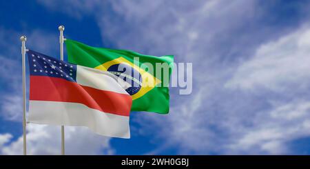 Drapeaux officiels du pays Brésil et État fédéral d'Amazonas. Balançant dans le vent sous le ciel bleu. rendu 3d. Banque D'Images