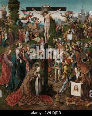 La Crucifixion, Jacob Cornelisz van Oostsanen, c. 1507 - c. 1510 peinture Kruisberg avec de nombreuses figures et épiodes diverses de la passion. Au milieu Christ sur la croix, avec quatre anges qui prennent soin du sang. Au premier plan Maria Magdalena, Marie, Jean et Sainte Véronique avec la toile de sueur. Sur le bord de son manteau, il est écrit : salve SACT (A) facies nos (tri) Redemptor (IS). À droite sur Horseback Longinus et le Centurion. À l'arrière-plan : la croix, Christ qui dit au revoir à sa mère et la prière dans le Hof van olives à Getsemane. Panneau Amsterdam. peintures à l'huile (peintures) Banque D'Images