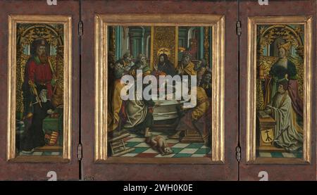 Triptyque avec la dernière Cène et les donateurs, Jacob Cornelisz van Oostsanen (cercle de), c. 1525 - c. 1530 peinture Triptyque avec la dernière Cène sur le panneau central. Judas a furieusement changé de chaise, un chien mâche sur une jambe. Sur le panneau latéral gauche, la fondatrice agenouillée Adriana van Roon (vers 1450-1527) avec Saint Jacobus. Sur le panneau de droite, le fondateur masculin Dirk Pietersz. Spangert (vers 1465-1549) avec la sainte Marie Magdalena. Les bras familiaux des fondateurs sont à l'extérieur des panneaux latéraux. Amsterdam (éventuellement) verre. peinture à l'huile (peinture). Dorure de feuille d'or dernière Cène (en général) (ma Banque D'Images
