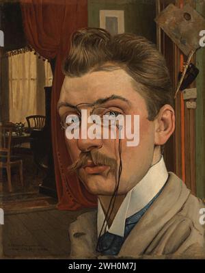 Autoportrait dans le studio, Anton Molkenboer, 1896 peinture Portrait de l'artiste, regardant à travers un lorgnet et habillé dans la veste de peinture placée à l'avant de la surface de l'image. Derrière lui un aperçu de sa salle à manger, probablement adresse Ceintuurbaan 288. Il y a une palette de peinture, un poignard et un masque noir sur le montant de porte ou le placard. Deux enveloppes sont perforées au poteau de porte ou au placard. Peinture à l'huile Amsterdam (peinture). peinture sur toile Banque D'Images