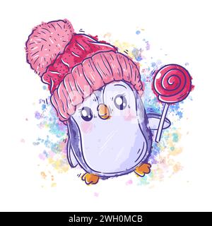 Pingouin mignon portant un chauffe-tête et portant un vecteur de dessin animé de bonbons Illustration de Vecteur