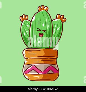 Cactus mignon ayant une expression de visage de rire heureux avec pot Illustration de Vecteur