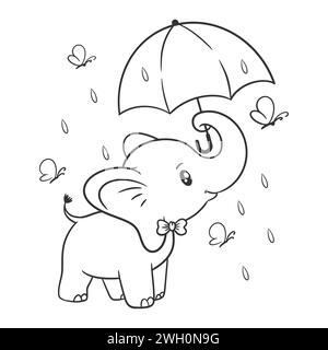 Éléphant debout sous un parapluie par temps pluvieux pour la coloration Illustration de Vecteur