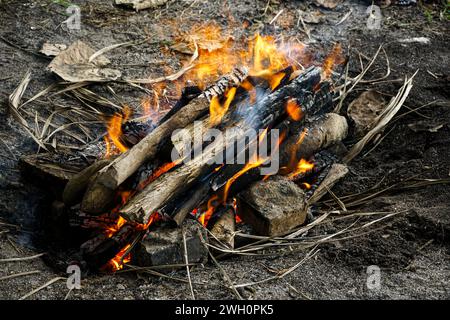 Les flammes de brûler du bois de chauffage traditionnel avant d'être utilisé pour griller des aliments Banque D'Images