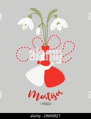 Martisor. Accessoire de vacances traditionnel talisman Martenitsa avec fleurs en forme de goutte de neige. Symbole de début de printemps. 1er mars. Illustration vectorielle carte postale Illustration de Vecteur